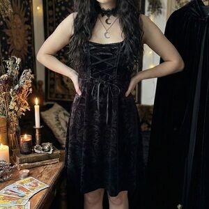 Black Corset LaceUp burn-out velvet mini Dress S/M Whimsigoth DarkFairy Romantic